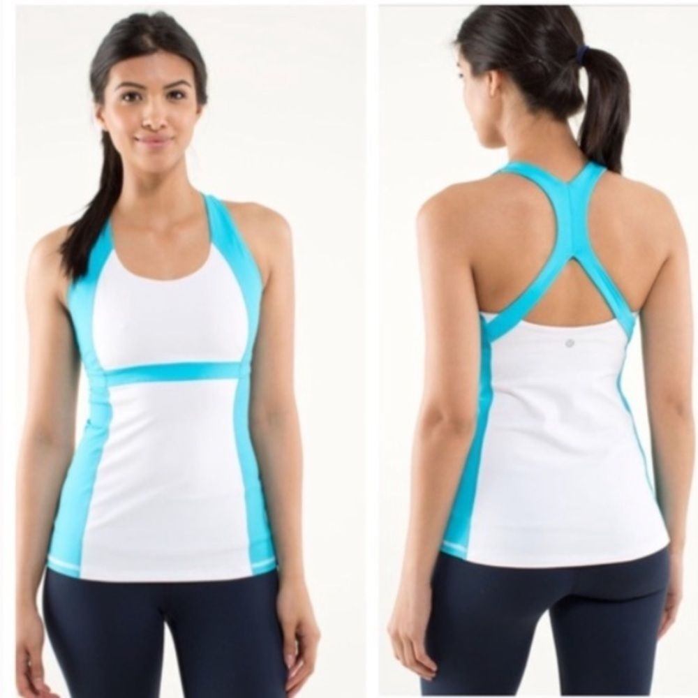 Lululemon Run Fast Track Tank Top White Blue Teal Size 6